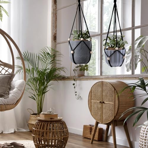 Artilady Black Hanging Planter for Indoor Plants Macrame Plant Hanger Large Hanging Plant Holder Basket with Adjustable Beads Outdoor Window Boho Plant Wall Decor (Black Bead-2pcs) - color: Black Bead-2pcs