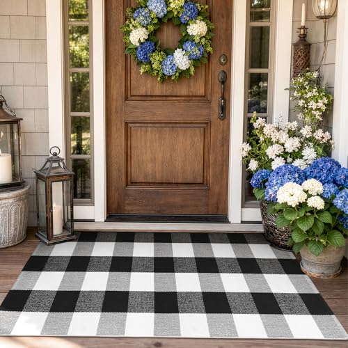 KIMODE Buffalo Plaid Outdoor Checkered Rug 24'' x 51", Black and White Door Mat Outside Entrance, Cotton Woven Washable Farmhouse Layered Outdoor Mats for Spring Front Door Decor Porch Entryway - color: Black/White, size: 2' x 4'3" (Rectangular)