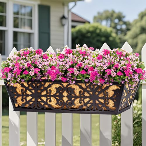 2 Pack 24 Inch Window Boxes Planters Railing Planter Box with Adjustable Brackets & Coco Liners Fabric Plant Grow Bags Deck Railing Planter Boxes Balcony Hanging Flower Box for Outdoor Plants - color: 2 Pack-black, size: 24 Inch