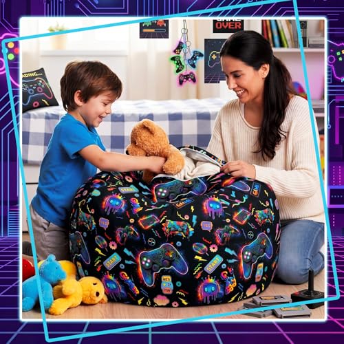 Boao 27'' Large Game Player Kids Bean Bag Chairs Cover (No Filling) Washable Stuffed Animal Storage Beanbag Chair for Kids Canvas Bean Bag Cover with Zipper for Boys Organizing Plush Toys Textile Sack - color: Neon Game, size: 27 Inches