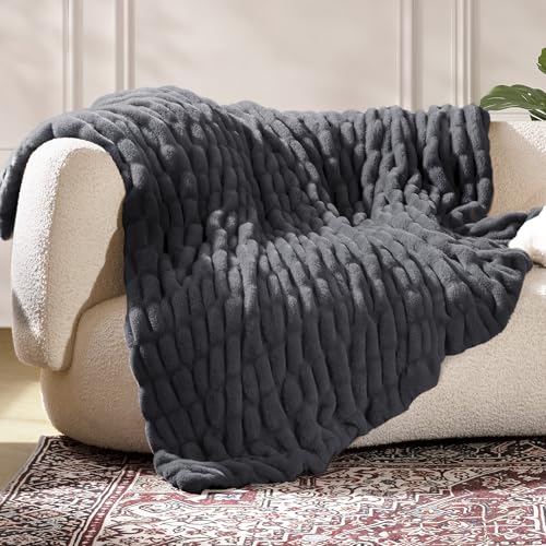Ultra Soft Cozy Faux Fur Throw Blanket, Fuzzy Plush Thick Bubble Blanket, Oversize Luxury Fluffy Blanket for Couch, Sofa, Bedroom, and Living Room,50x60 Inches,Double Sided Charcoal Gray - color: Double Sided-charcoal Gray, size: Throw