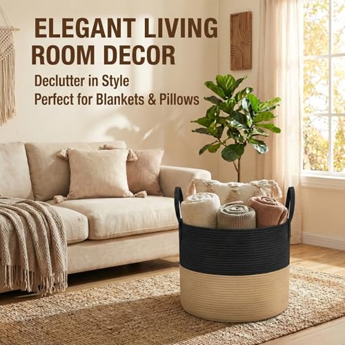 JMvicyroam 65L Extra Large Blanket Basket for Living Room - Woven Cotton Rope Laundry Hamper with Reinforced Handles - Storage Bin for Pillows, Comforters & Toys - Machine Washable,Black&Jute - color: Black&Jute, size: 65L