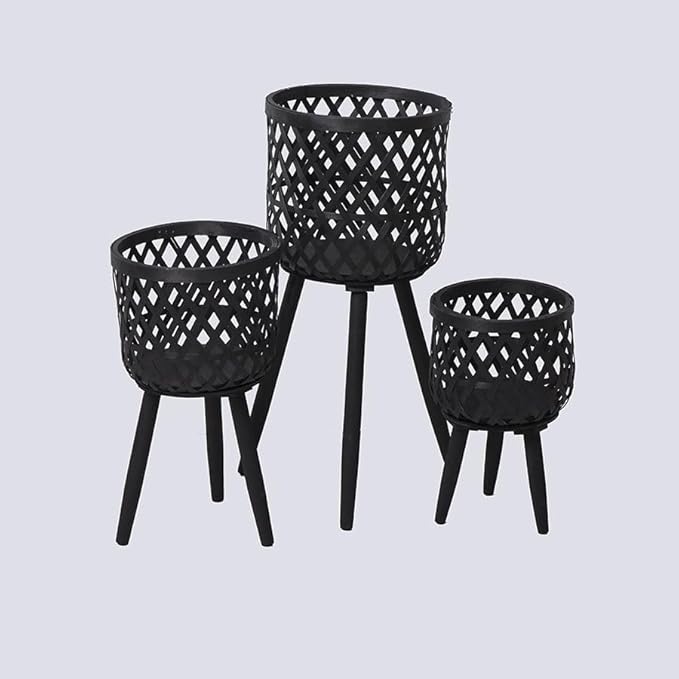 Nordic Style Rattan Flower Pot Indoor Balcony Living Room Plant Green Flowers Hand-Woven Wooden Tall Floor Flower Stand (Black, 8.3x13inch(21x33cm))