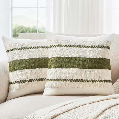 Throw Pillow Covers Set of 2 12x20 Inch Boho Pillow Covers, Soft Lumbar Neutral Cotton Olive Green Decorative Case for Couch Sofa Bed Living Room, Home Modern Woven Farmhouse Cute Decor - color: Olive Green, size: 20" x 12" (Pack of 2)