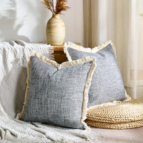 Farmhouse Throw Pillow Covers Fringe Pillow Cases 18x18 Inch Set of 2 Dark Grey Linen Burlap Boho Pillow Cover with Tassels Rustic Woven Textured Cushion Cases for Sofa Bed Living Room Home Decor - color: Dark Grey, size: 18" x 18" (Pack of 2)