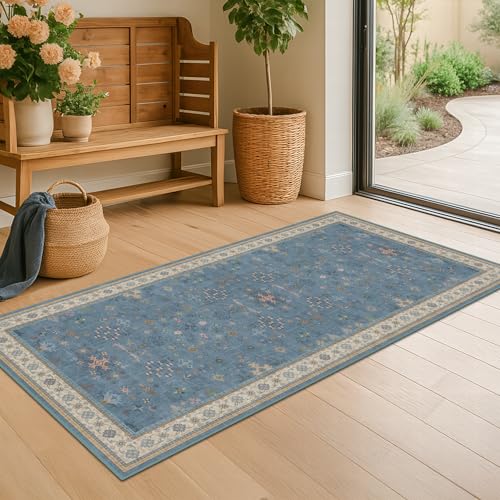Blue 2x4 Runner Rug for Entryway Indoor, Kitchen Floor Waterproof, Bathroom, Powder Room, Washable Non Slip Low Pile Stain & Fade Resistant, Modern Eclectic Floral Decor - color: Dusty Blue, size: 2' x 4' (Rectangular)