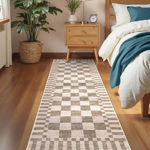GarveeHome 2×6 Kitchen Runner Rug Non Slip Brown Checkered Rug,Washable Runner Rug for Hallway Soft Low-Pile Geometric Tan Brown Print Checkerboard Rugs for Entryway Kitchen Dining Room - color: Brown, size: 2' x 6' (Rectangular)