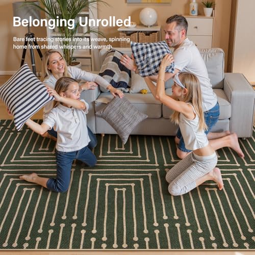 Lahome Boho 3x5 Easy Jute Rugs for Entryway, Non Slip Green Area Rug, Maze Lines Modern Washable Rugs for Bedroom, Low Pile Indoor Outdoor Carpet for Deck Porch Backyard - color: Lines-green, size: 3' x 5' (Rectangular)