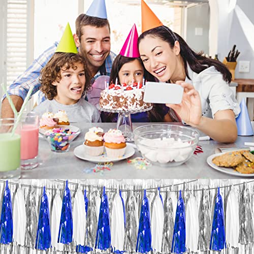 4P Navy-Blue White-Silver Foil Fringe Metallic Tassel Garland Banner, Tassels Banner Streamers for Parade Floats, Bachelorette, Wedding, Birthday, Halloween, Bridal/Baby Shower Party Decorations - color: Blue White Silver