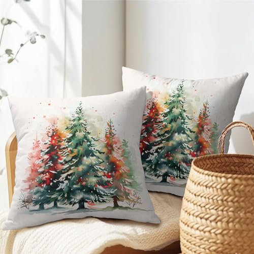 Christmas Theme Pillow Covers 16x16 Inches Colorful Pine Tree Throw Pillow Case Set of 2 Christmas Decorative Pillow Cover Cotton Linen Cushion Cover for Home Couch Sofa Livingroom - color: Colorful Pine Tree, size: 16" x 16" (Pack of 2)