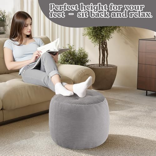 MeMoreCool Stuffed Round Pouf Ottoman Foot Rest, Floor Pouf Foot Stool with Soft Foam Chunk Filling, Round Small Ottoman Footstool Circle Footrest for Couch Living Room, Corduroy Grey - color: Light Grey