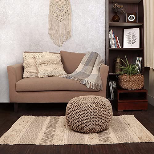 REDEARTH Round Pouf Ottoman - Hand Knitted Cable Boho Poof Home Décor Pouffe Circular Footrest for Living Room - Nursery - Bedroom - Lounge 100% Cotton (19.5"x19.5"x14") - Beige Ivory - color: Beige Ivory, size: 19.5"D x 19.5"W x 14"H