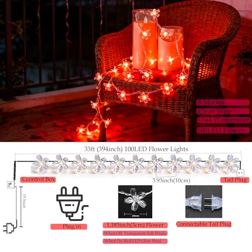 JACUXLSS Cherry Blossom Flower String Lights, 100 led 33 feet 8 Mode Plug in Fairy Lights for Valentine's Day, Wedding, Birthday Party, Christmas Easter Tree Hanging Decorations (Red) - color: Red