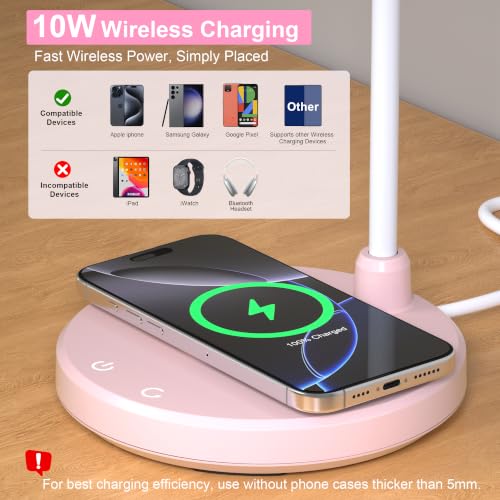 Desk Lamps for Home Office - LED Desk Lamp with Wireless Charger, 3 Color Modes Dimmable Eye-Caring Study Reading Desk Light, Small Flexible Arm Table Lamp for College Dorm Room Bedside, Pink - color: Pink