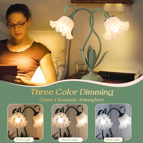 Cute Flower Table Lamp, Large Vintage Bedside Flower Lamp, 3 Colors Temperature Flower Lamp for Bedroom Living Room Bedside Reading Lighting Table Desk Lamps Home Decoration (Green) - color: Green
