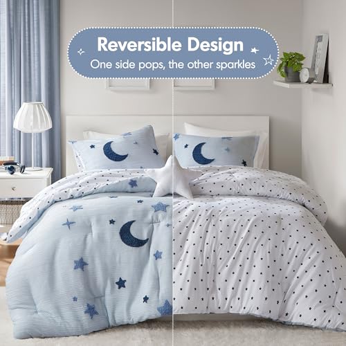 Intelligent Design Kids Cosmos Twin Size Comforter Set – Blue Star and Moon Tufted Chenille, Reversible 3-Piece Bedding with Star Pillow - color: Blue, size: Twin Comforter