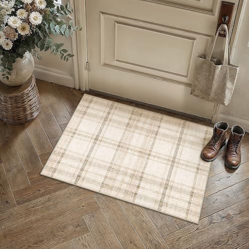 2x3 Beige Area Rug for Entryway Machine Washable Low Pile Checkered Mat Modern Accent Soft Non Slip Small Carpet for Entrance Bathroom Bedroom Indoor - color: Beige, size: 2' x 3' (Rectangular)