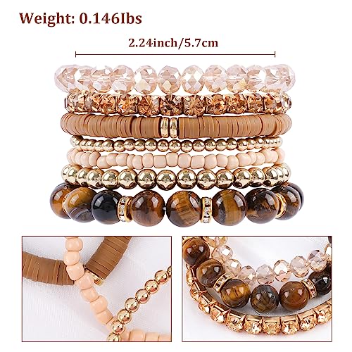 Bohemian Natural Stone Beaded Bracelets for Women Men Stackable Stretch Beads Bracelet Set with Charm and Tassel Multilayered Elastic Gemstone Bracelets Summer Beach Boho Jewelry Gift for Women - color: Brown-1