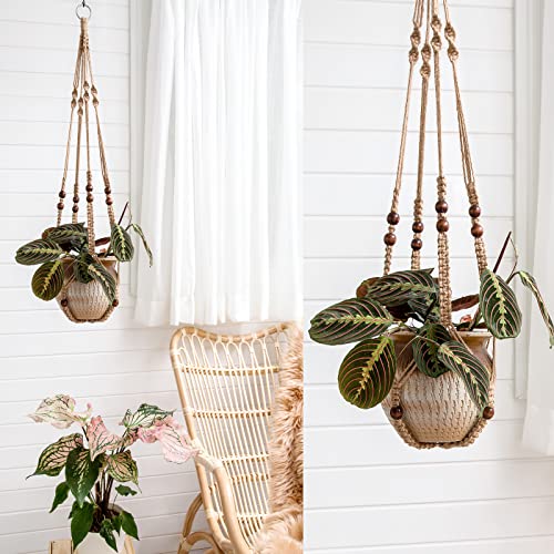 Mkono 3 Pack Macrame Plant Hangers Indoor Different Size Hanging Planter Basket Flower Pot Holder with Beads No Tassels 35"/29"/23", Medium, Brown - color: Brown, size: Medium