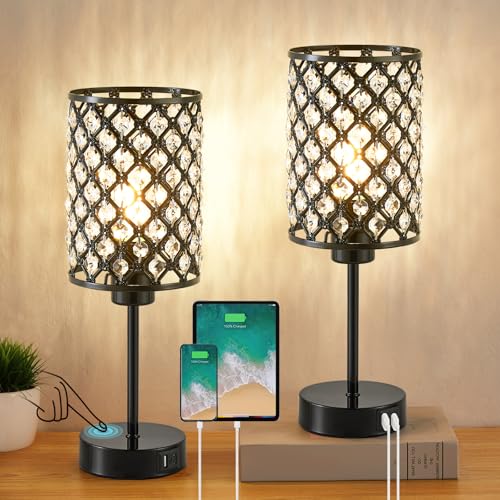 GyroVu Touch Control Table Lamp, Black Crystal Table Lamps Set of 2 with 2 USB Charging Ports, Dimmable Bedside Nightstand Lamps for Living Room, Bedroom, Guest Room, Bulbs Included - color: Black-2, size: 14.75"