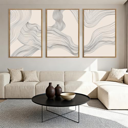 Beige Abstract Wall Art Framed Neutral Modern Canvas Wall Decor Minimalist Line Wave Painting16x24 Inch Pictures Set of 3 for Living Room Bedroom Dining Room - color: Beige Line, size: 24"L x 16"W