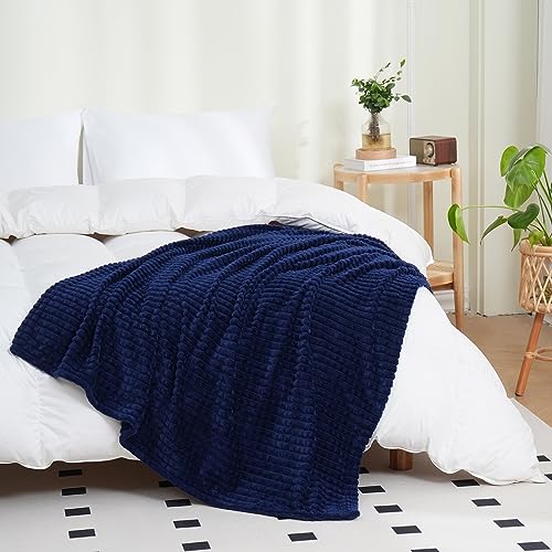 Puncuntex Flannel Fleece Throw Blanket Navy Blue 50"×60",Super Soft Plush Cozy Blanket with 3D Jacquard Square Grid Design Luxury for Couch Sofa Chair,Dark Blue - color: Navy Blue, size: 50"×60"