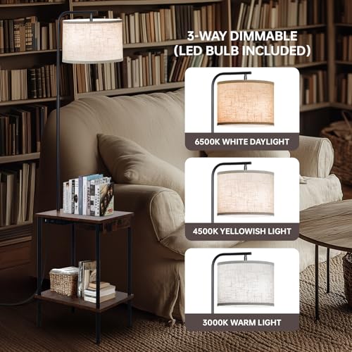 EOEYYOYB Floor Lamp with Table & Drawers, End Table Lamp with USB Charging Portt Power Outlet and Shelves, Side Table Reading Light with 3 Color Temperature Led Bulb Included for Living Room, Yellow - color: Vintage yellow (with Drawer)