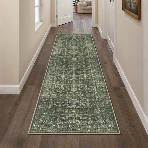 2x8 Green Runner Rug Hallway Washable Area Rugs Kitchen Vintage Boho Non Slip Long Rug Floral Carpet Indoor Retro Soft Low Pile Throw Rug for Bedroom Bathroom Laundry Dining Living Room Office - color: Dark Green, size: 2' x 8' (Runner)