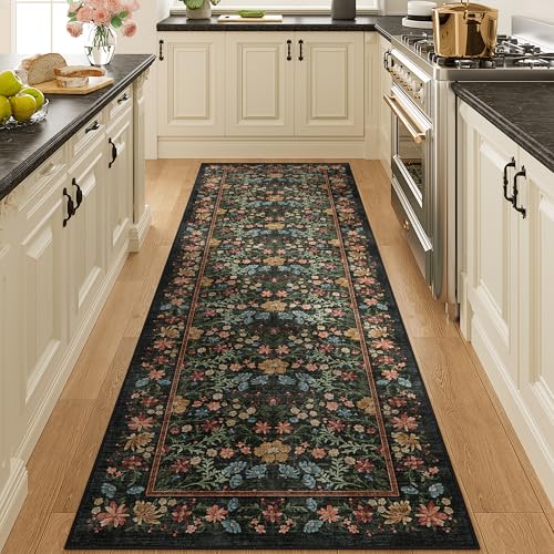 DUKINO 2.6x8 Runner Rug for Hallway, Washable Vintage Floral Kitchen Rug with Non Slip Backing, Soft Low Pile Throw Carpet Runner for Kitchen, Laundry, Hallway, Bathroom, Black - color: Black, size: 2'6" x 8' (Rectangular)