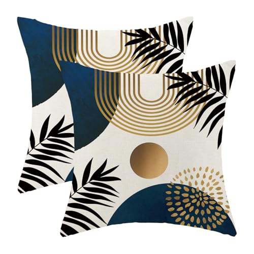 Boho Pillow Covers 16x16 Set of 2 Navy Blue Black Gold Tropical Leaf Geometric Throw Pillow Covers Outdoor Decor Mid Century Modern Abstract Pillowcase Decorative Cushion Case for Home Couch - color: Boho-navy Blue-tropical Leaves, size: 16" x 16" (Pack o