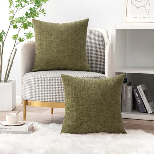 MIULEE Pack of 2 Couch Throw Pillow Covers 16x16 Inch Soft Olive Green Chenille Pillow Covers for Sofa Living Room Solid Dyed Pillow Cases - color: Olive Green, size: 16" x 16" (Pack of 2)