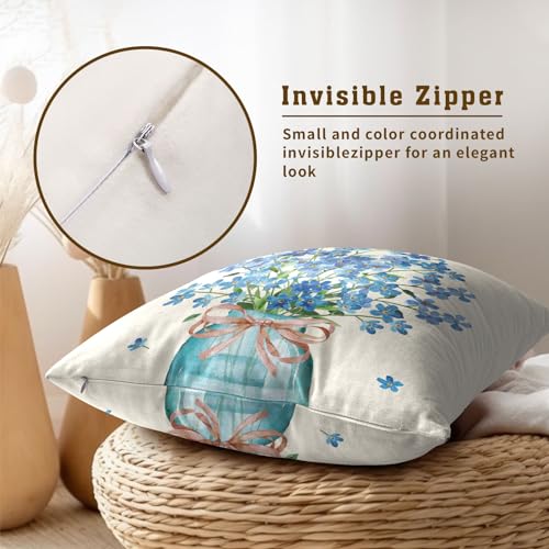 Spring Floral Pillow Covers 16x16 Inch Set of 2, Blue Flower Mason Jar Throw Pillow Covers Square Cotton Cushion Cover for Home Couch Sofa Patio Bedroom Livingroom - color: Blue Flower231219, size: 16" x 16" (Pack of 2)