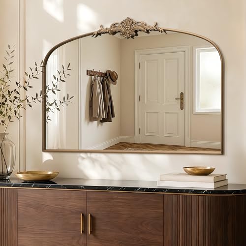 Besdomus Vintage Arched Gold Mirror: 55"x36" French Brass Antique Vanity Mirror - Overmax Decorative Baroque Traditional Ornate for Home Renovation Decor - Idea for Entryway/Fireplace/Bathroom - color: Brass Gold, size: 36"L x 55"W