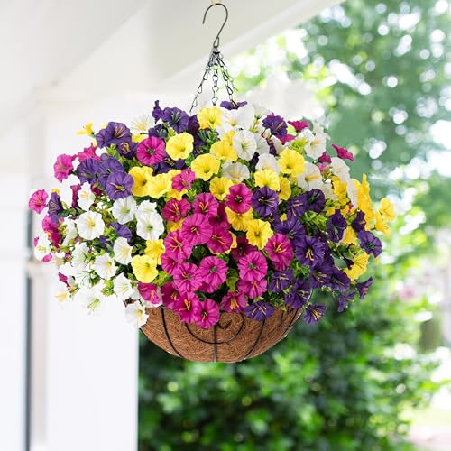 Artificial Faux Hanging Plants Flowers Basket for Spring Summer Outdoors Decoration, Fake Silk Colorful Morning Glory with Eucalyptus Look Real UV Resistant for Outside Porch Patio Balcony Garden Home - color: Multi-color (3 Fuchsia, 3 Purple, 3 Yellow, 3