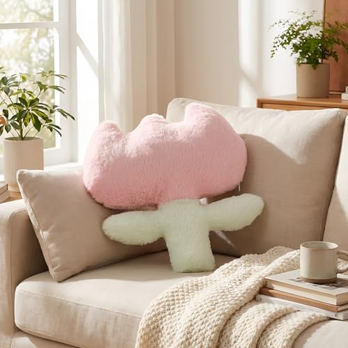 Pink Easter Tulip Pillows Flowers Throw Pillows 15.75 Inch Tulip Plush Floor Cushions Farmhouse Style Cotton Tufted Pillowcases for Sofa Couch Bed Chair Room Decoration