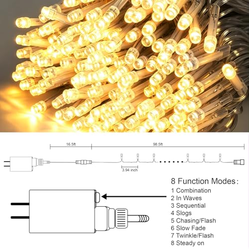 LJLNION 300 LED String Lights Outdoor Indoor, Extra Long 98.5FT Christmas Lights, 8 Lighting Modes, Plug in Waterproof Fairy Lights for Wedding Party Bedroom Decorations (Warm White) - color: Warm White