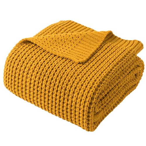 Bunnikins & Clover Knitted Waffle Throw Blanket 60x80 Inches, Mustard Yellow Throw Blanket for Couch, Soft Cozy Chenille Knit Blanket Warm Decorative Throw for Sofa - color: Mustard, size: 60"x80"