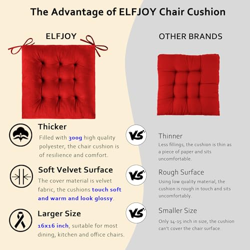 ELFJOY 4 Pack Chair Cushions for Dining Chairs Chair Pads Cushion for Kitchen Office Tufted Square Seat Cushion with Ties (16" Red Velvet) - color: Bright Red