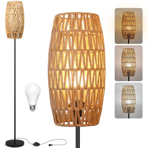 Ruiever Floor Lamp for Living Room,Farmhouse Floor lamp,Modern Standing lamp with Hand-Worked Rattan Shade (Drum Rattan Shade Black Body Color-3 Color Bulb) - style: Drum Rattan Shade Black Body Color-3 Color Bulb