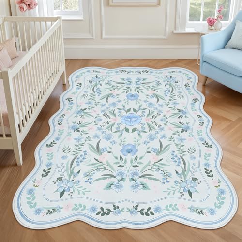 Blue Floral Rug 4x6 for Girls Bedroom or Nursery, Scalloped Washable Non-Slip Area Rug, Cute Soft Boho Carpet for Kids Room, Dorm, or Playroom - color: Blue Scalloped, size: 4' x 6' (Rectangular)