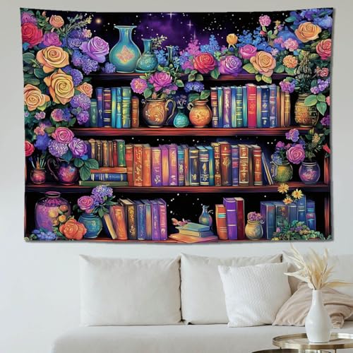 keowhsf Pink Purple Flower Bookshelf Wall Tapestry Colorful Tapestries for Bedroom Aesthetic Floral Tapestry Wall Hanging Cute Girl Bedroom Decor - color: Bookshelf, size: 60"L x 44"W