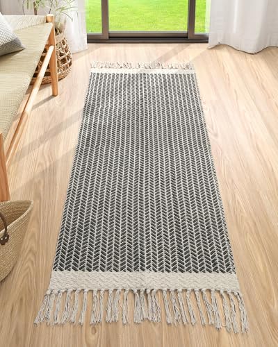 Lahome Belle Boho Bathroom Runner Rug, 2x5 Laundry Room Washable Rugs for Entryway Cotton Grey Area Mat with Tassels, Farmhouse Throw Mats Non Shedding Carpet Runner for Hallway Door - color: Grey, size: 2' x 5' (Runner)