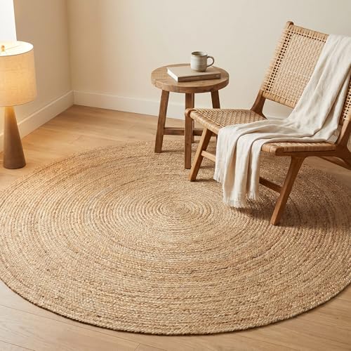 Jute Braided Area Rug, Natural - 6 Feet Round, Boho Neutral Indoor Large Circle Hand Woven Rugs for Living Room, Bedroom, Nursery, Kitchen | Farmhouse Rustic Coastal Patio Floor Mat for Indoor Décor - color: Natural, size: 6' (Round)