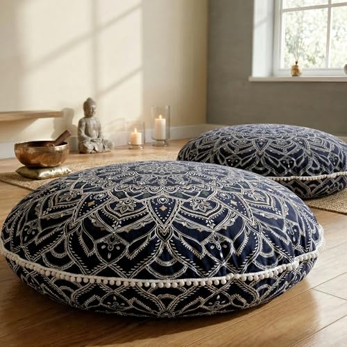Codi Meditation Cushion for Adults Set of 2-32" Large Floor Pillow with Supportive Shredded Memory Foam - Round Zabuton with Washable Cover, Bohemian Mandala Seating for Yoga and Mindfulness, Black - color: Black, size: 2 Count (Pack of 1)