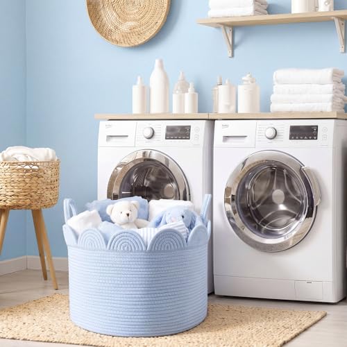 LemonRoad Blue Round Basket Large Blanket Basket 15.8" L X 15.8" W X 13.8" H Scalloped Woven Baskets Cotton Storage Baskets for Nursery Classroom Closet Blankets Storage Home Decor - color: Blue, size: 15.8" L X 15.8" W X13.8" H