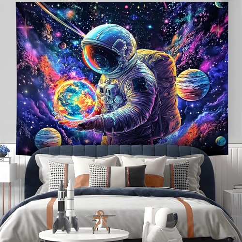 NYZE Astronaut Space Tapestry for Bedroom, Glow in the Dark Room Decor Wall Tapestries, Cool Galaxy Planet Wall Hanging, Wall Hanging for Men Guys Gamer Room Dorm Living Room 90in x 70in - color: A-Astronaut, size: 90"L x 70"W
