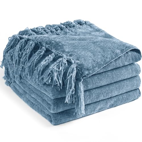 Chenille Throw Blanket for Couch 50"X 60", Soft Cozy Throws with Fringe Tassel for Bed Sofa Chair Cover, Lightweight Knitted Decorative Boho Blankets for Living Room, Dusty Blue - color: Dusty Blue, size: 50x60 inch
