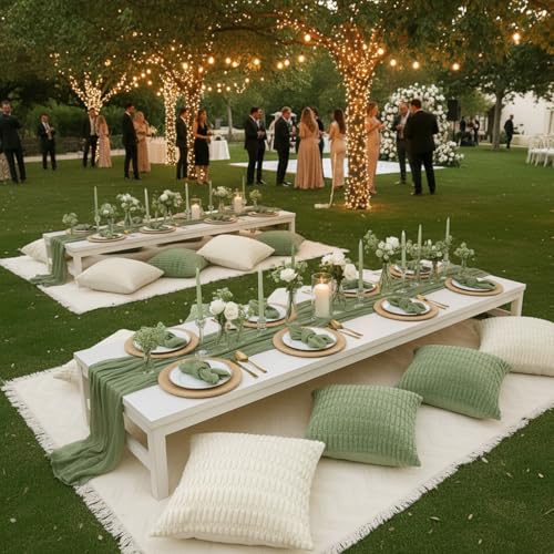 Beeveer 91 x 71 Extra Large Outdoor Boho Picnic Blanket with Sage Green Table Runner, 6 Throw Pillow Covers 6 Napkins Woven Cotton Yarn Oversize Beach Blanket Washable Picnic Camp Wedding - color: Sage Green