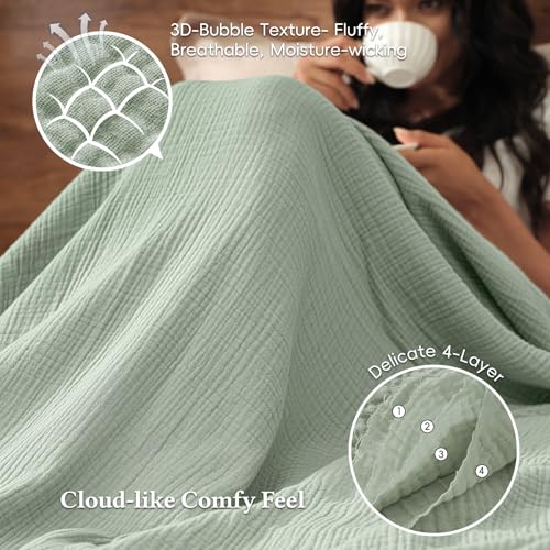 David's Home 100% Natural Cotton Muslin Blanket Queen Size, 4-Layer Soft Breathable Lightweight Cozy Throw Guaze for Hot Sleepers, 3D Bubble Room Decor for Bed Couch, Giftable, Sage Creen, 90"x90" - color: Sage Green, size: Queen(90x90")