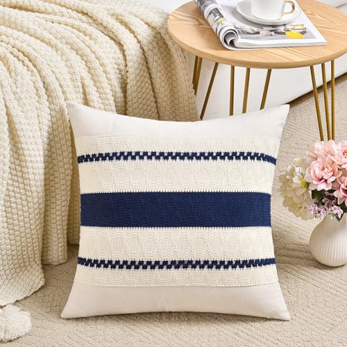 Fancy Homi Set of 2 Navy Blue Decorative Throw Pillow Covers 16x16 Inch for Couch Bed Sofa Living Room Office, Aesthetic Modern Organic Farmhouse Home Decor, Soft Cotton Woven Textured Cushion Case - color: Navy Blue, size: 16" x 16" (Pack of 2)
